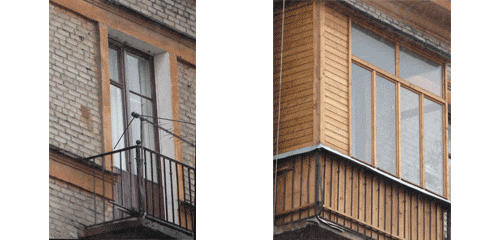 Две фотографии. Балкон до остекления на первой и после на второй. Видна разница.