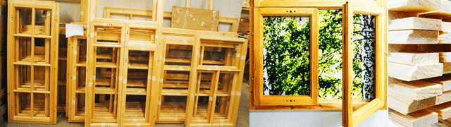 Деревянные окна и рамы в цеху. Рядом фотография одинарного блока